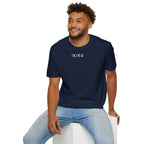Man wearing a black t-shirt with a graphic design on a white background