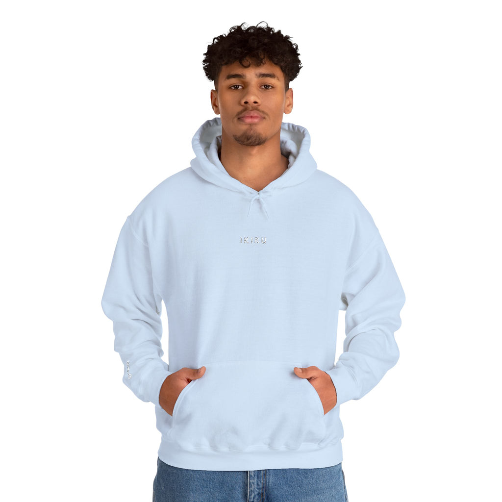 Person wearing a light blue hoodie with an IKIRU logo on a white background