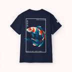 Navy t-shirt with a colorful fish design and 'IKIRU CLOTHING' branding on a white background