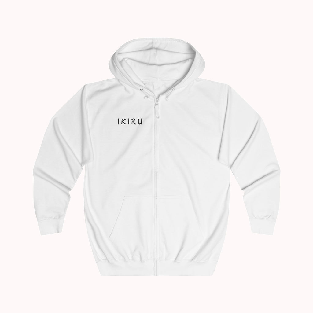 White hoodie with 'IKIRU' logo on a white background