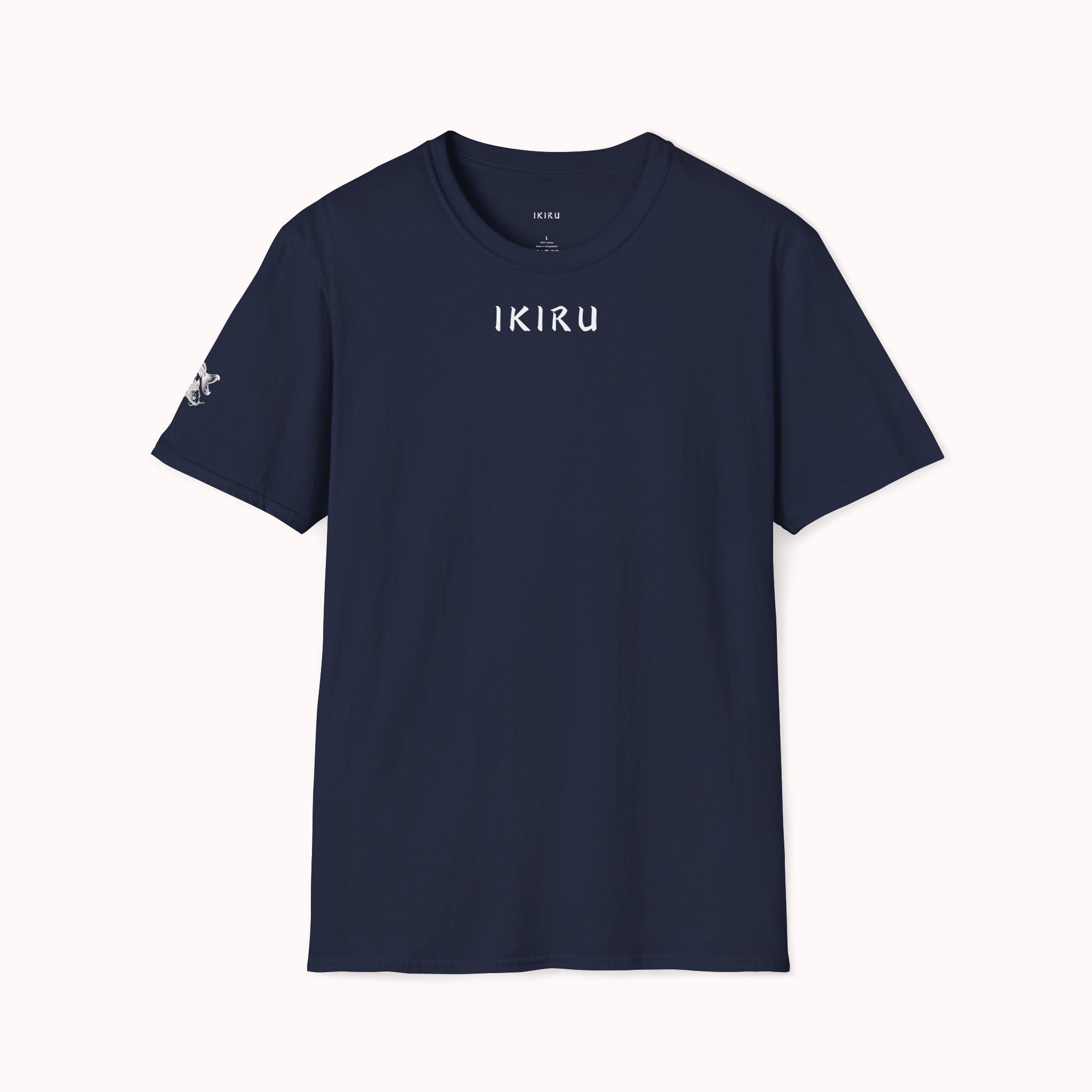 Navy blue t-shirt with 'IKIRU' logo on a white background