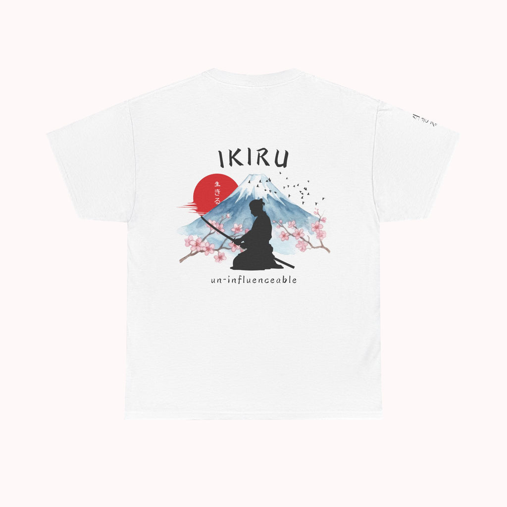 White t-shirt with Japanese mountain, samurai, blossom and IKIRU on the back on a white background