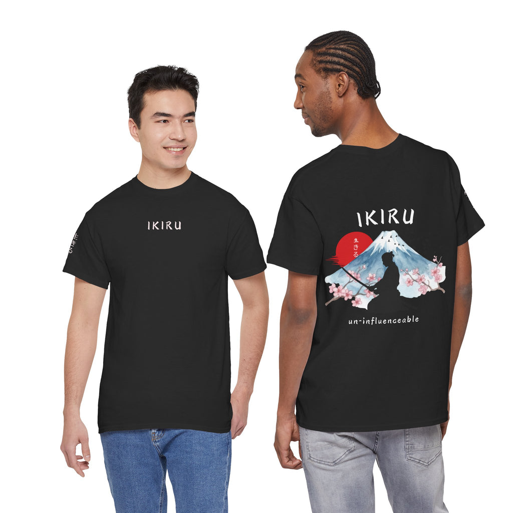 Black t-shirt with IKIRU graphic design on the back worn by two models.