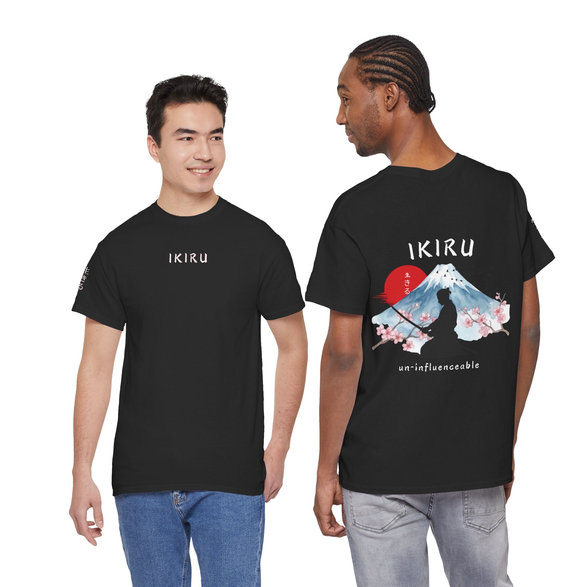 Black t-shirt with IKIRU graphic design on the back worn by two models.