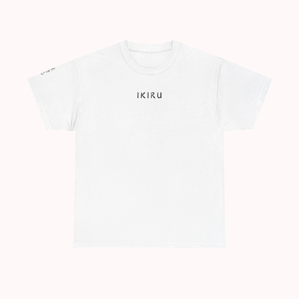 White t-shirt with 'IKIRU' branding on a white background