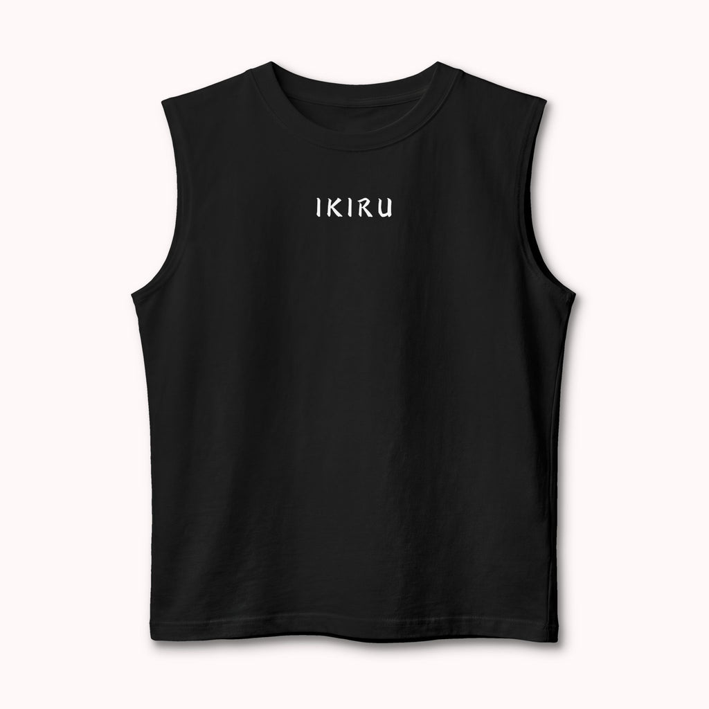 Black sleeveless shirt with white text on a white background