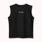 Black sleeveless shirt with white text on a white background