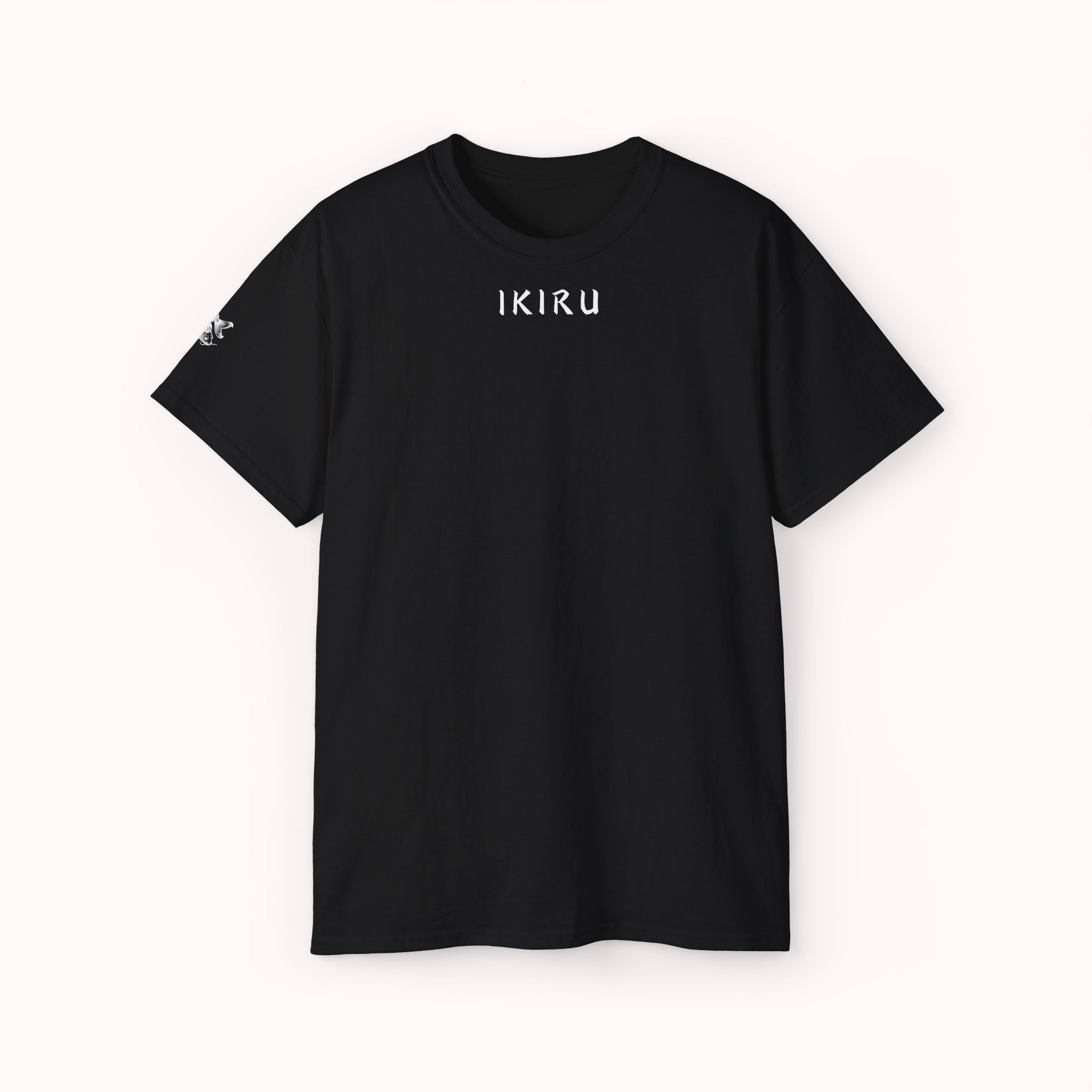 Black t-shirt with IKIRU branding on a white background