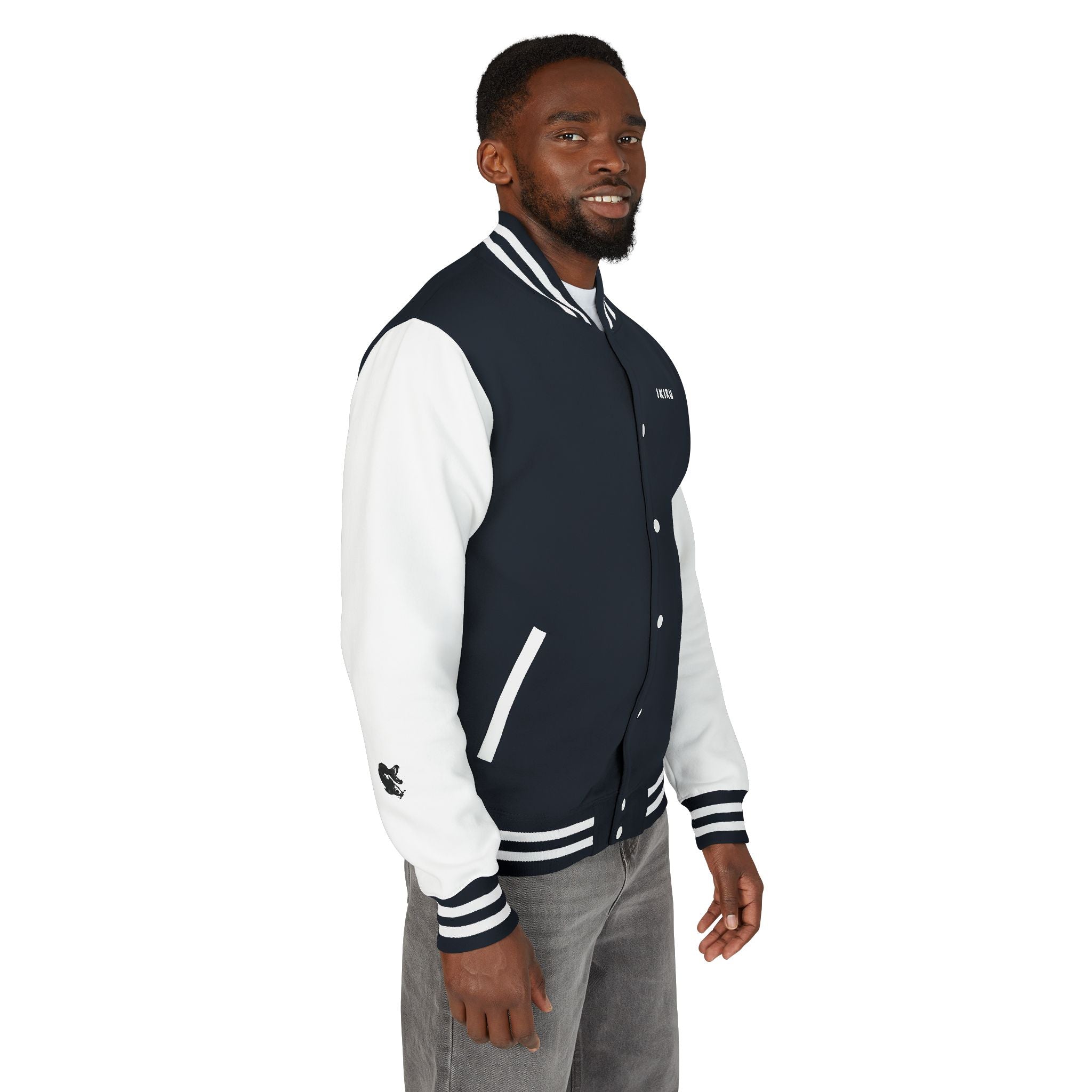 Male navy and white Starboy Jacket with Japanese styled graphics