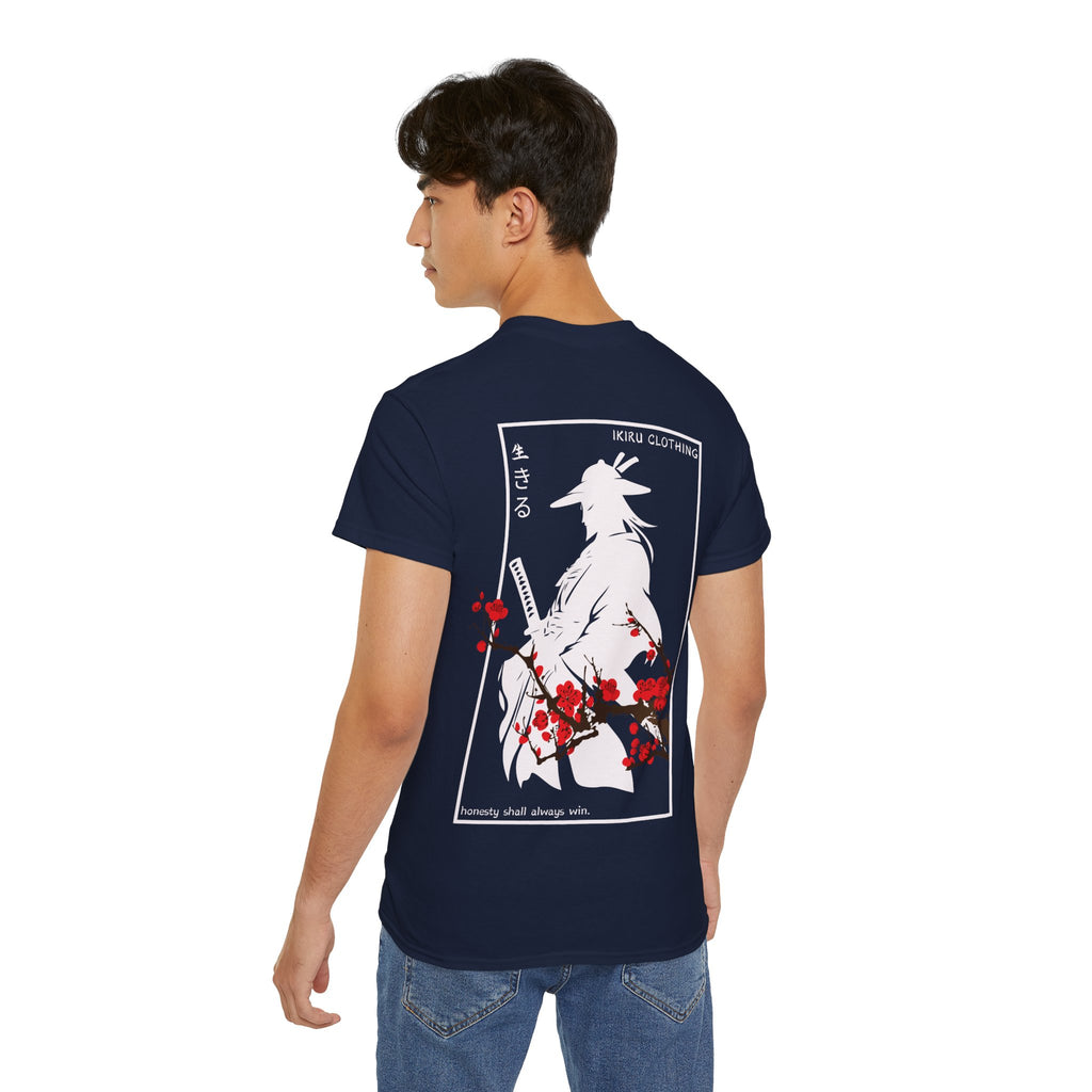 Person wearing a navy t-shirt with a japanese samurai and blossom graphic design from 'IKIRU CLOTHING' on a white background