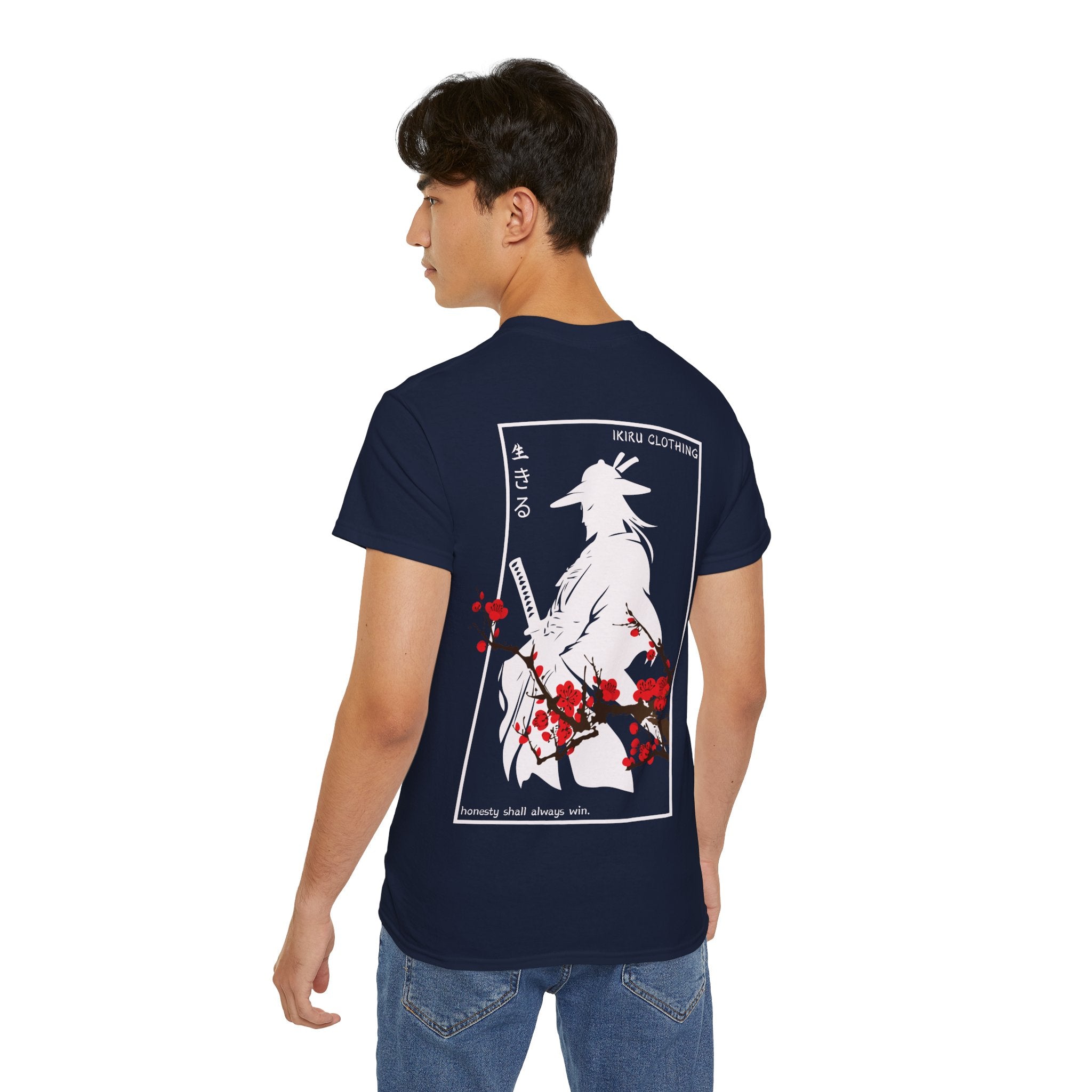 Person wearing a navy t-shirt with a japanese samurai and blossom graphic design from 'IKIRU CLOTHING' on a white background