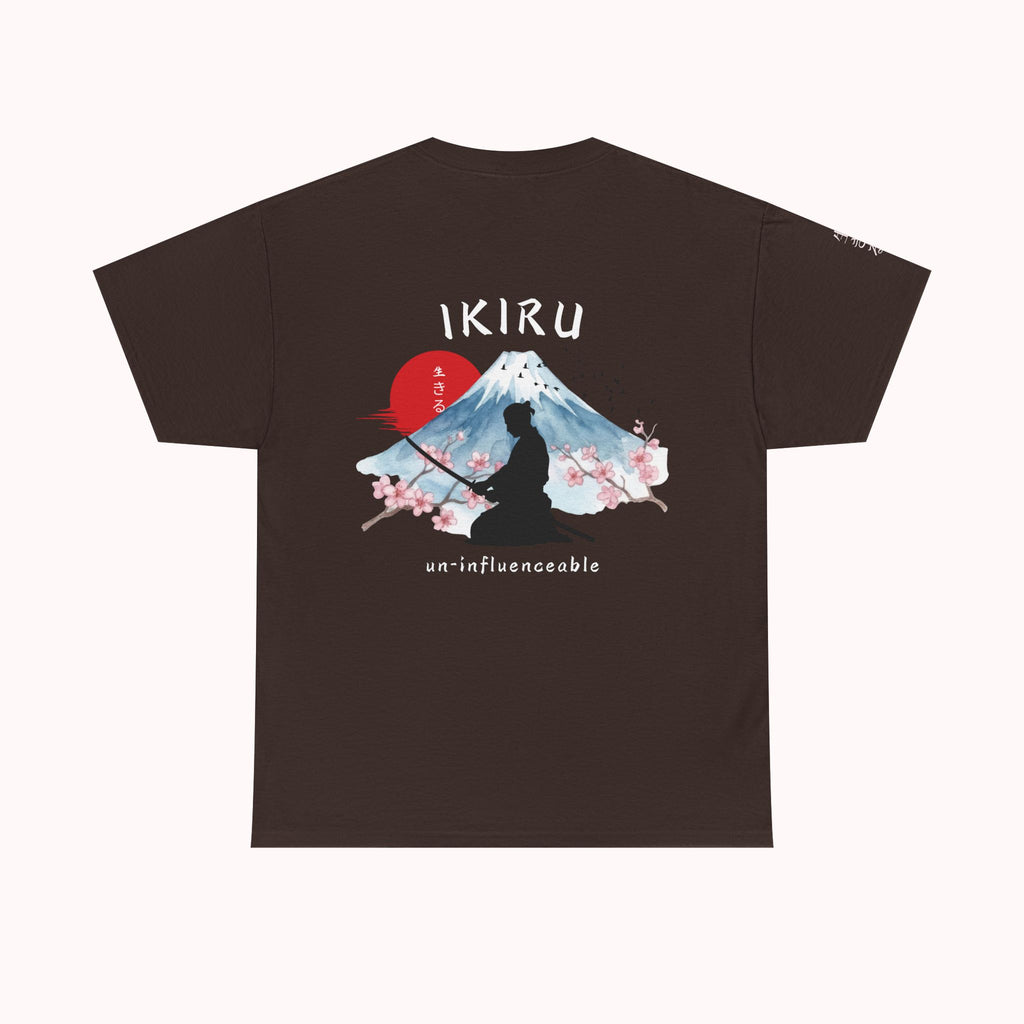 Brown t-shirt with Japanese mountain, samurai, blossom and IKIRU on the back on a white background