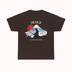 Brown t-shirt with Japanese mountain, samurai, blossom and IKIRU on the back on a white background