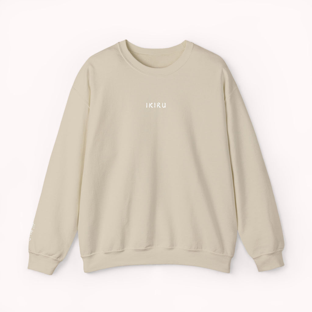 Beige sweatshirt with 'IKIRU' text in white on a white background