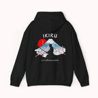Black hoodie with 'IKIRU' and mountain, samurai, and blossom tree design on the back saying 'un-influenceable' against a white background