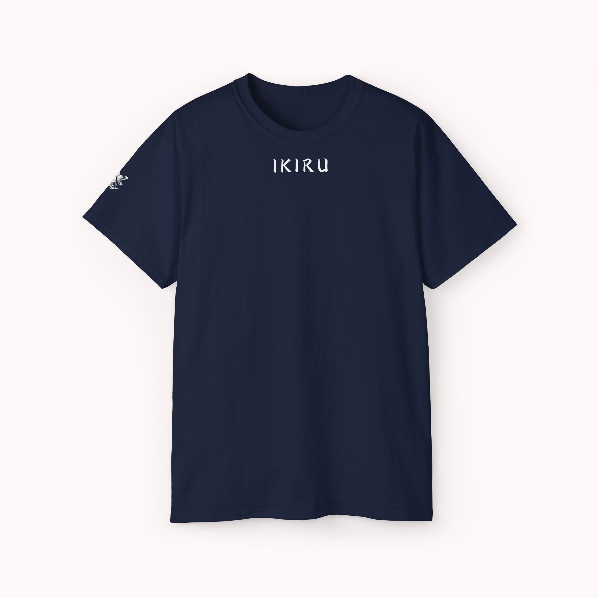 Navy t-shirt with 'IKIRU' text on a white background