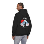 Black hoodie with 'IKIRU' and mountain, samurai, and blossom tree design on the back saying 'un-influenceable' against a white background