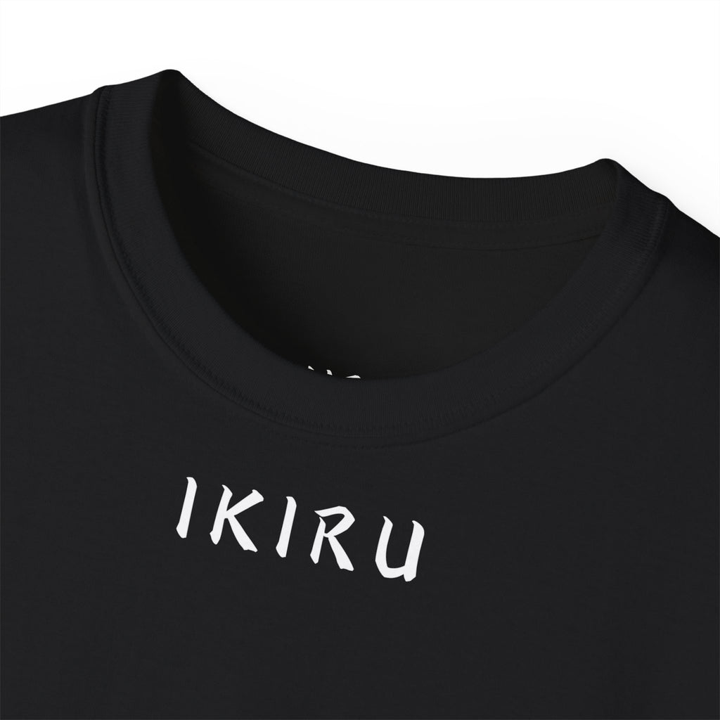 Black t-shirt with 'IKIRU' printed on it against a white background