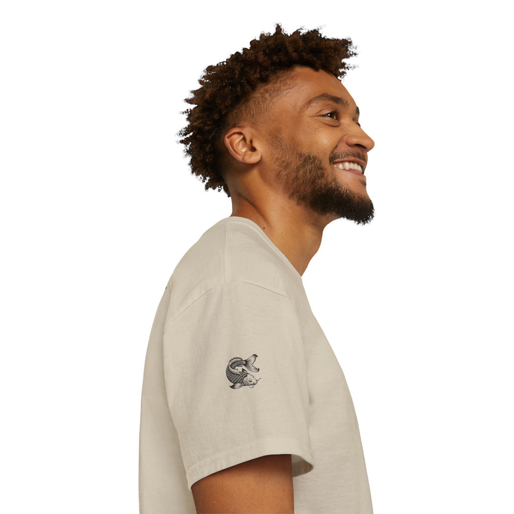 Man wearing a beige t-shirt with a logo on a white background