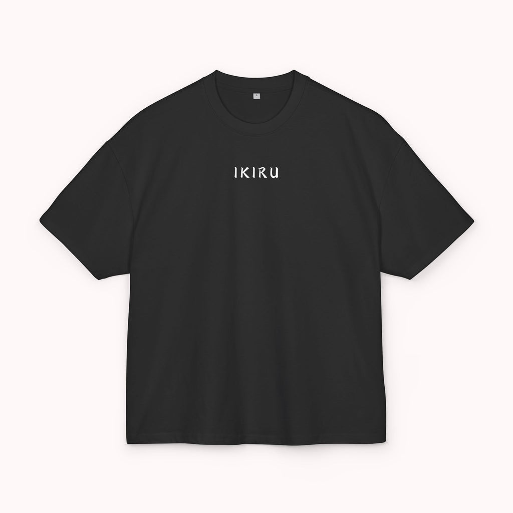 Black t-shirt with red text on a white background