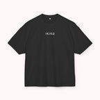 Black t-shirt with red text on a white background