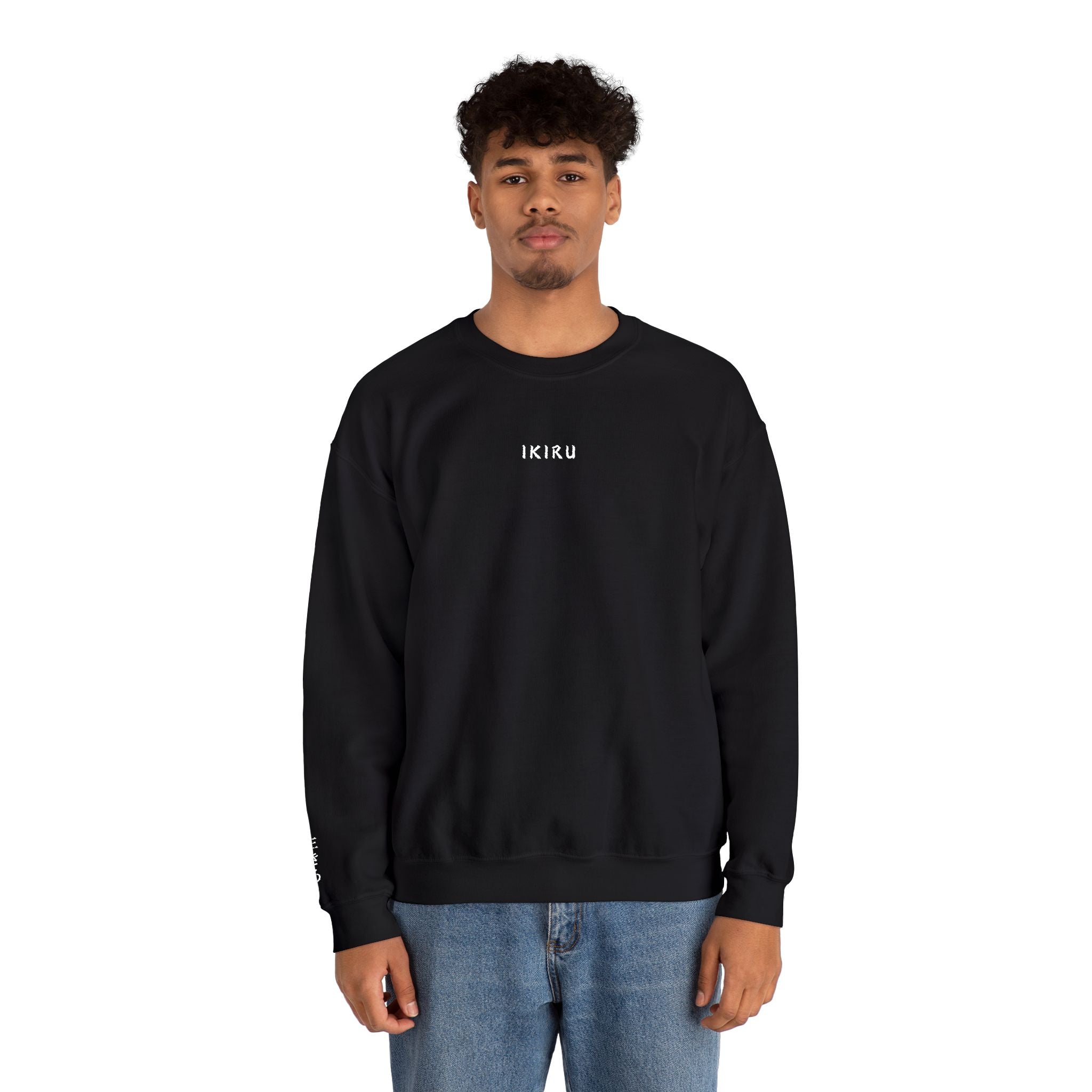 Person wearing a black sweatshirt with IKIRU logo on a white background