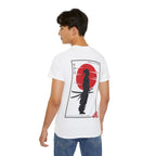 Person wearing a white t-shirt with a Japenese samurai and sun on the back from 'IKIRU CLOTHING' on a white background
