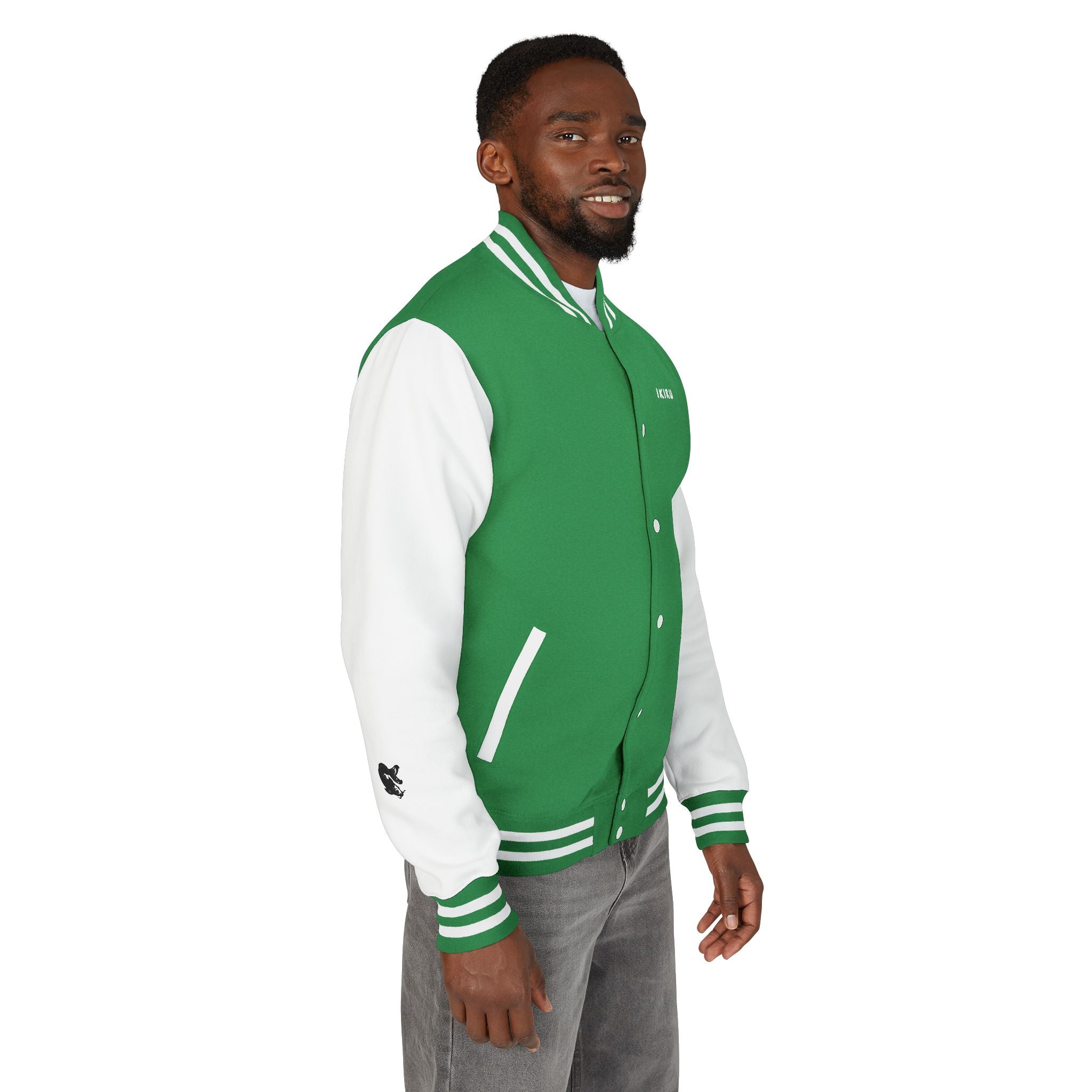 Male green and white Starboy Jacket with Japanese styled graphics