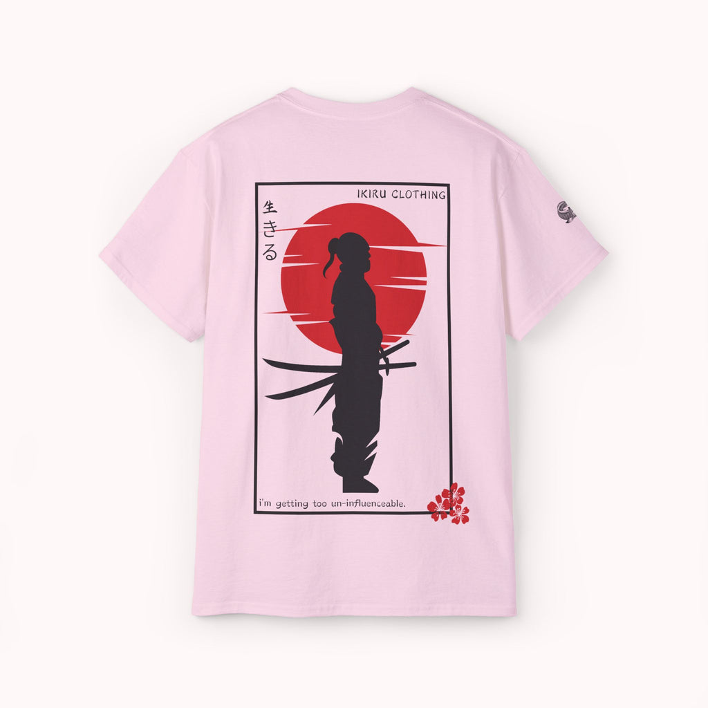 Pink t-shirt with a Japenese samurai and sun on the back from 'IKIRU CLOTHING' on a white background