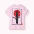 Pink t-shirt with a Japenese samurai and sun on the back from 'IKIRU CLOTHING' on a white background