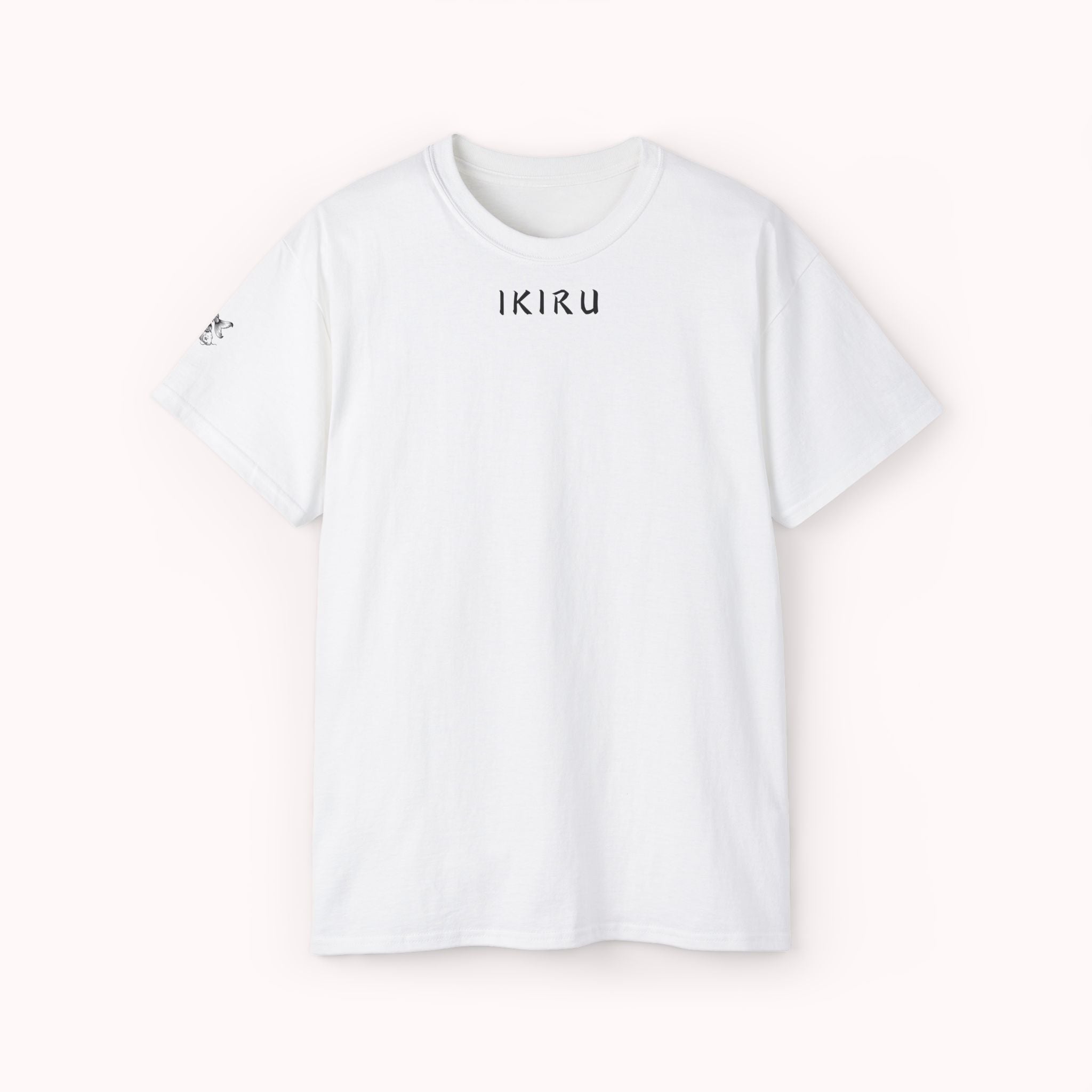 White t-shirt with 'IKIRU' branding on a white background