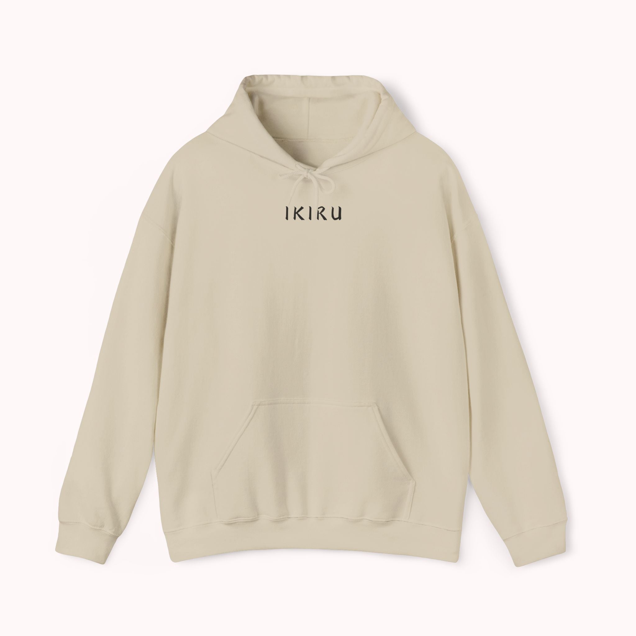 Beige hoodie with 'IKIRU' and mountain, samurai, and blossom tree design on the back saying 'un-influenceable' against a white background