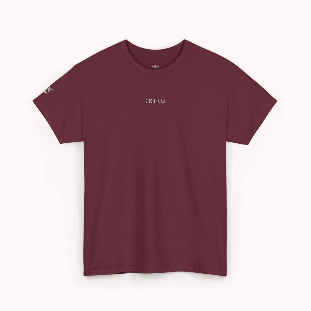Maroon t-shirt with 'IKIRU' logo on a white background