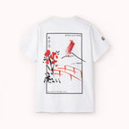 White t-shirt with a Japanese bridge and blossom graphic art from 'IKIRU CLOTHING' on a white background