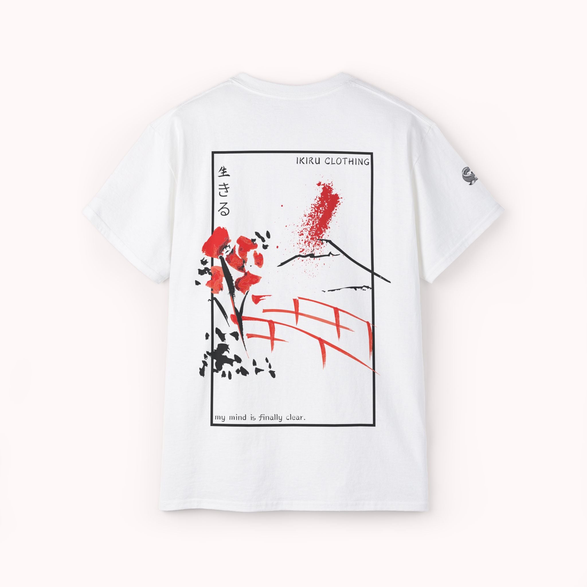 White t-shirt with a Japanese bridge and blossom graphic art from 'IKIRU CLOTHING' on a white background