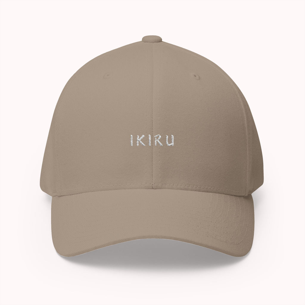 Beige cap with IKIRU branding on a white background
