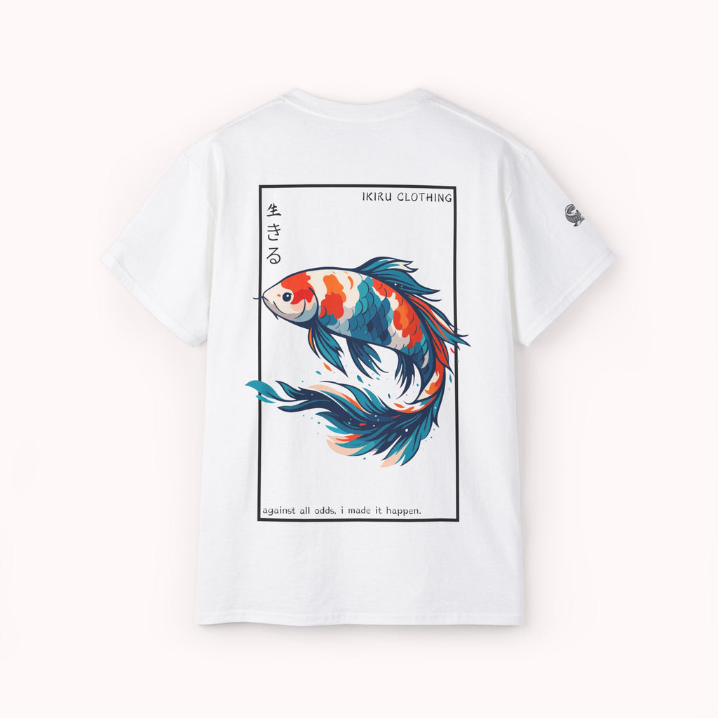 White shirt from Ikiru Clothing with a koi fish design in a frame on a white background