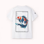 White shirt from Ikiru Clothing with a koi fish design in a frame on a white background