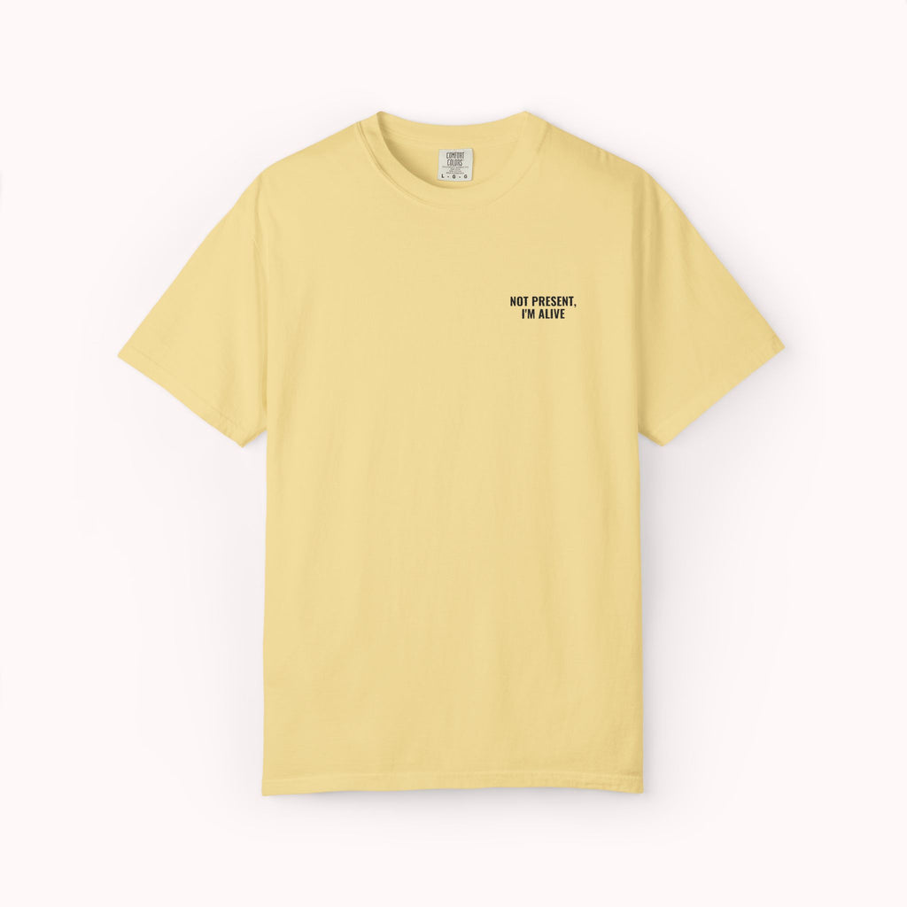 Yellow t-shirt with text on a white background