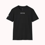Black t-shirt with text on the back on a white background