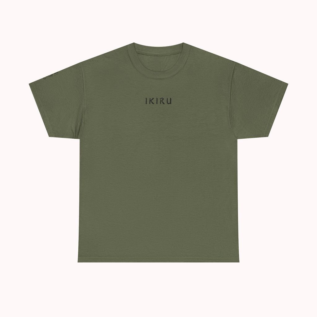 Green t-shirt with text 'IKIRU' on a white background