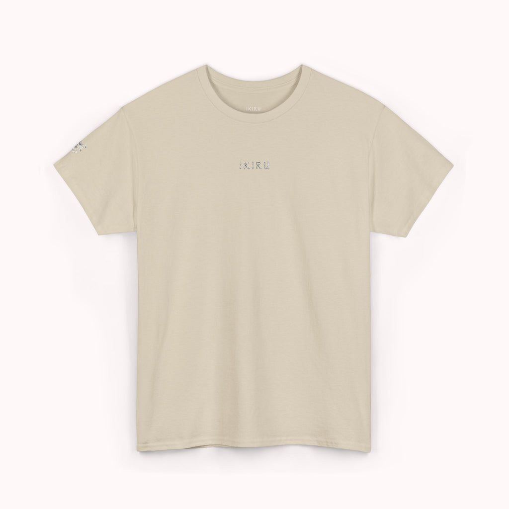 Beige t-shirt with an IKIRU logo on a white background