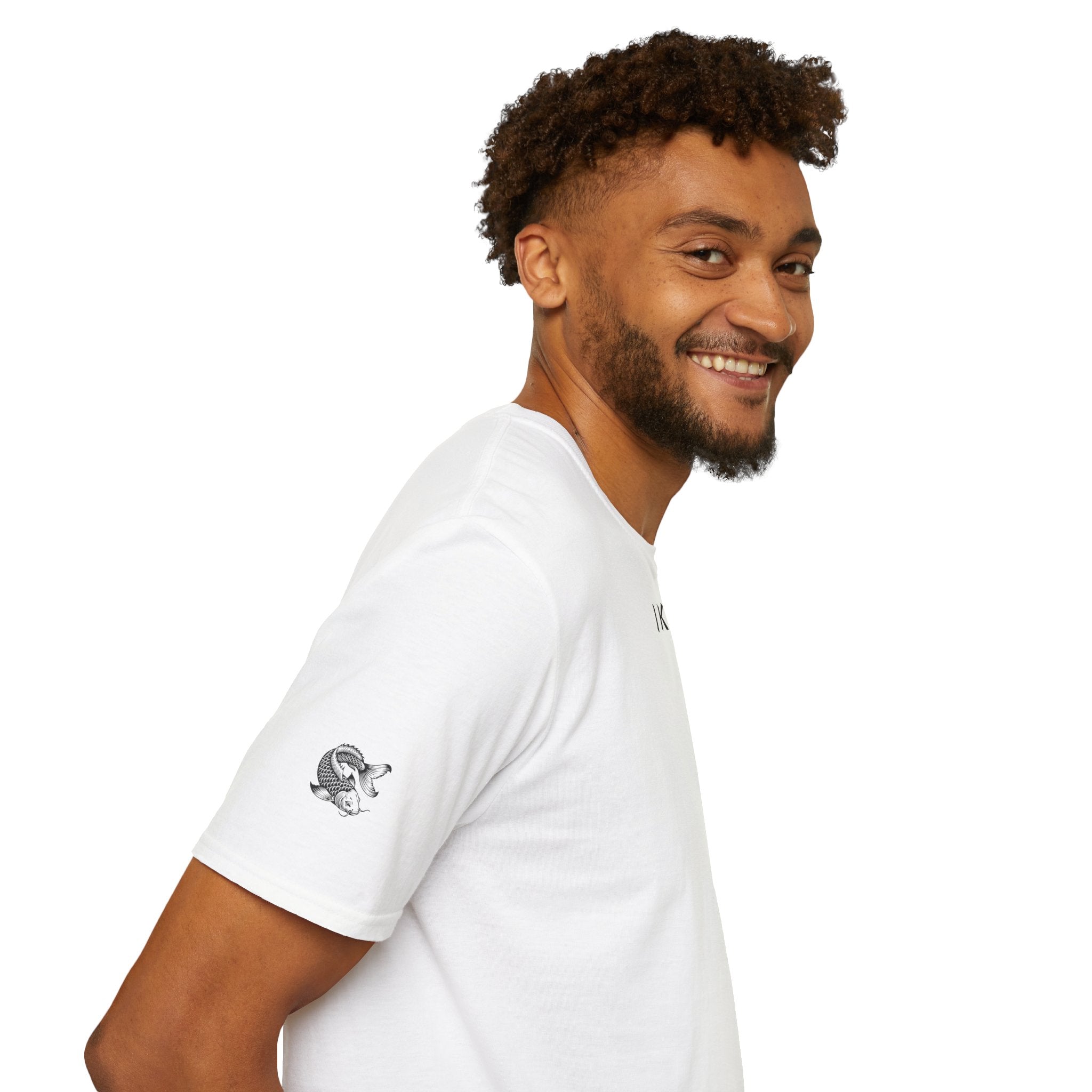 Man wearing a white t-shirt with a logo on a white background