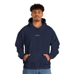 Man wearing a navy blue hoodie with IKIRU logo on a white background