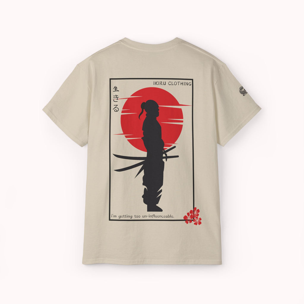 Beige t-shirt with a Japenese samurai and sun on the back from 'IKIRU CLOTHING' on a white background