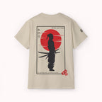 Beige t-shirt with a Japenese samurai and sun on the back from 'IKIRU CLOTHING' on a white background