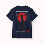 Navy blue t-shirt with a red and white graphic on the back, featuring a silhouette of a person and text.