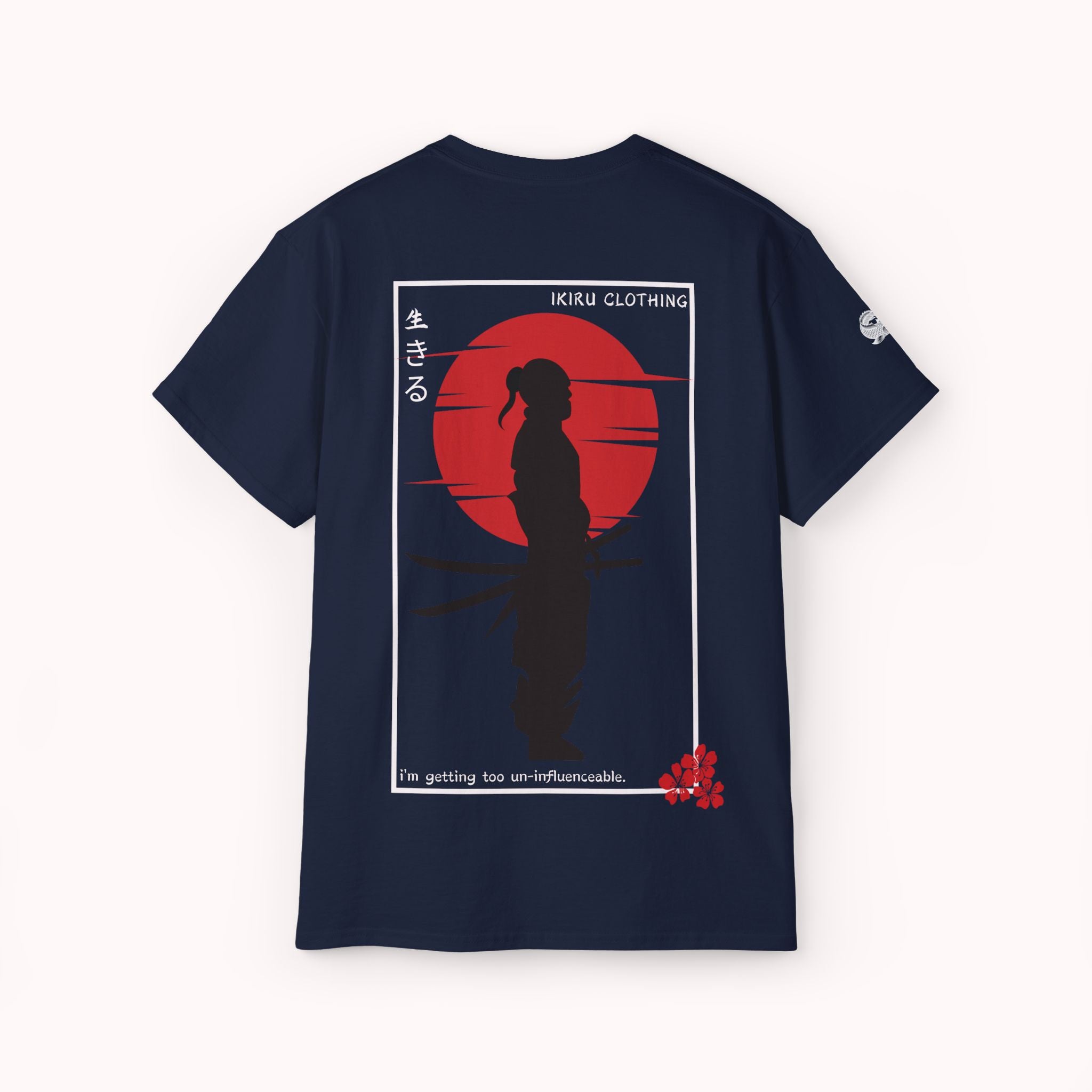 Navy blue t-shirt with a red and white graphic on the back, featuring a silhouette of a person and text.