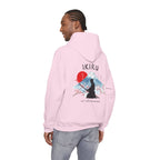 Light pink hoodie with 'IKIRU' and mountain, samurai, and blossom tree design on the back saying 'un-influenceable' against a white background