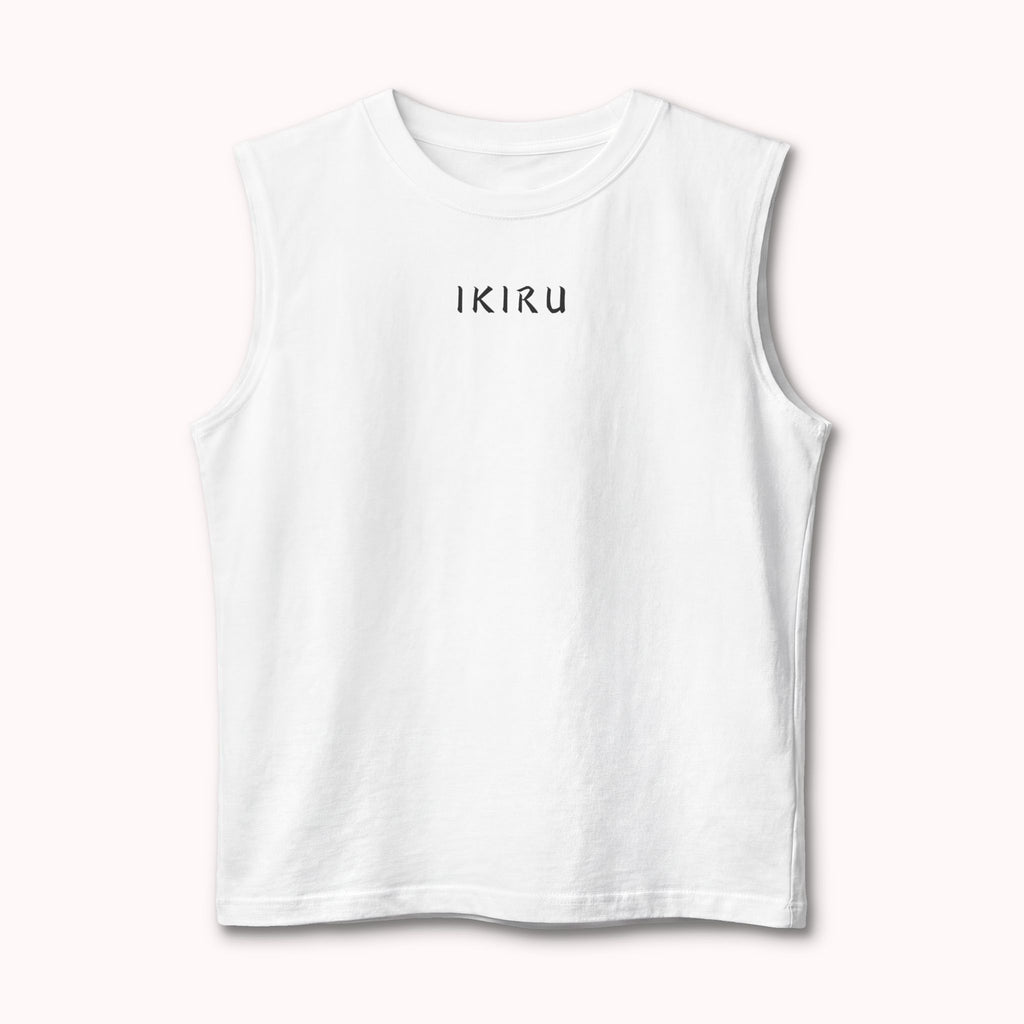 White sleeveless shirt with 'IKIRU' text on a white background